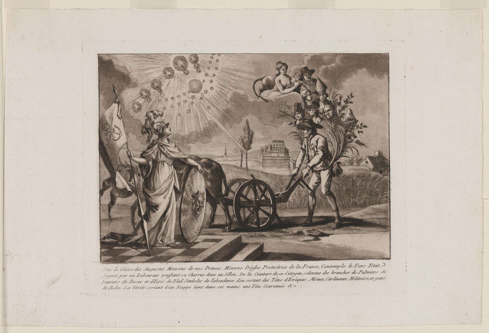 Allegorical engraving of a farmer pushing a cart — antique engraving