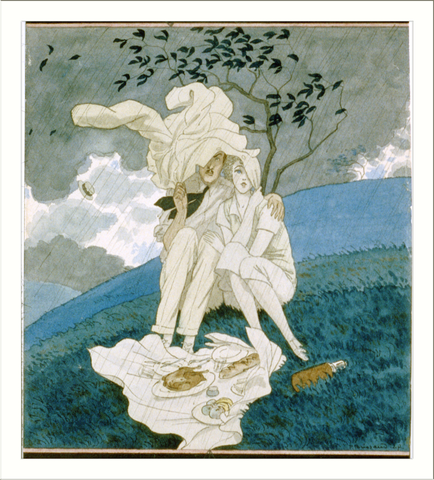 Picnic in the rain — historic drawing