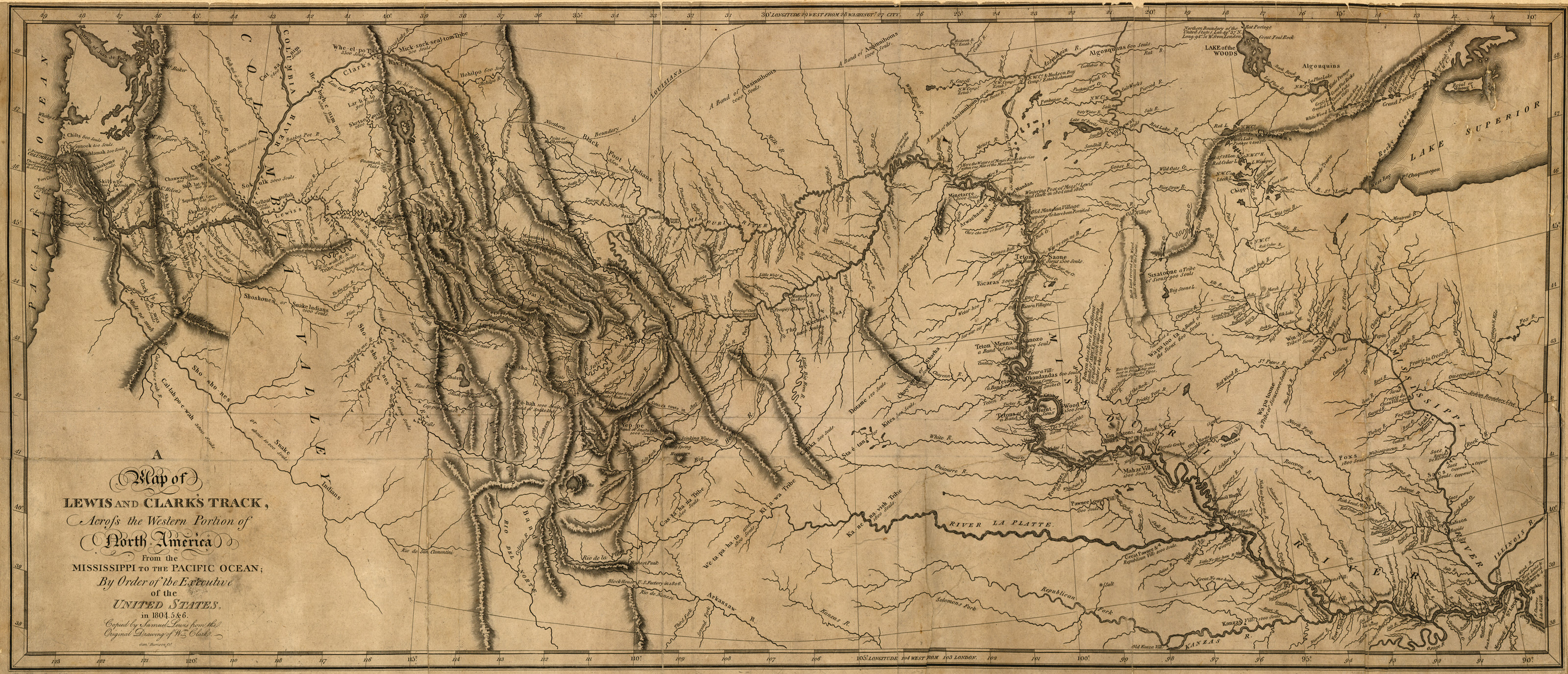 A Map of Lewis and Clark's Track, Across the Western Portion of North America from the Mississippi to the Pacific Ocean, c. 1814 — antique map