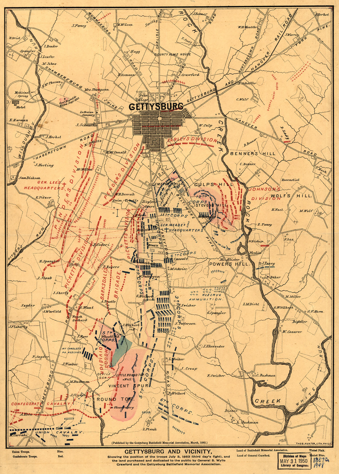 Gettysburg and Vicinity, Showing Position of Troops July 3, 1863, 1883 — historic image