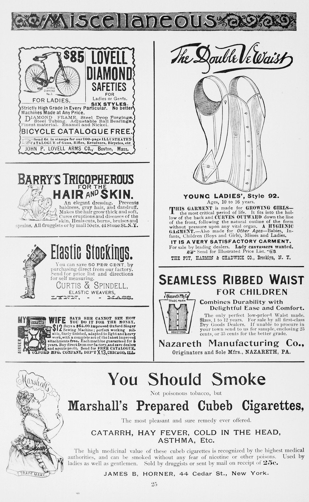 Miscellaneous advertisements page with corset, bicycle, cigarettes — historic image