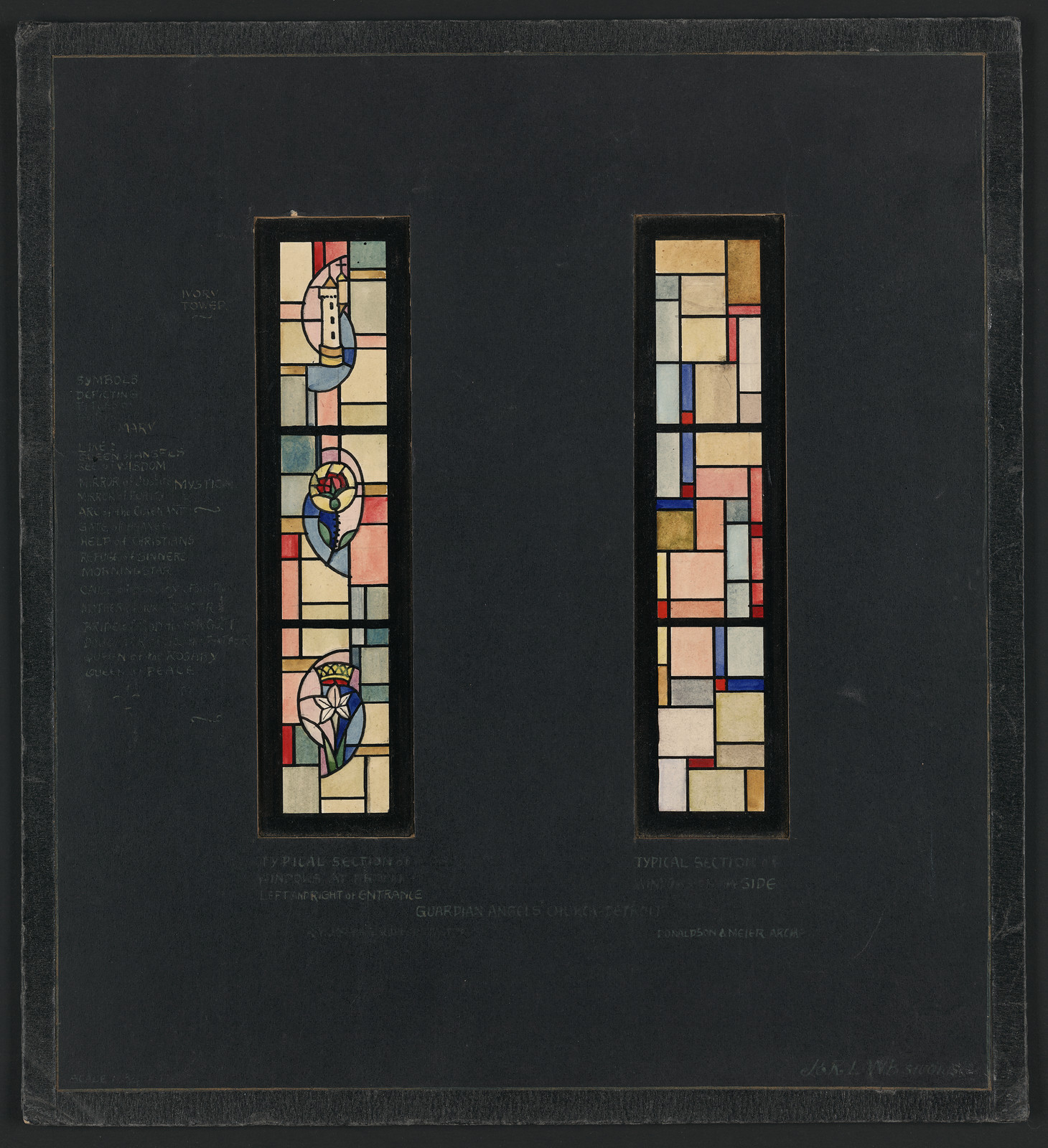 Design drawing for stained glass windows, two panels — historic drawing