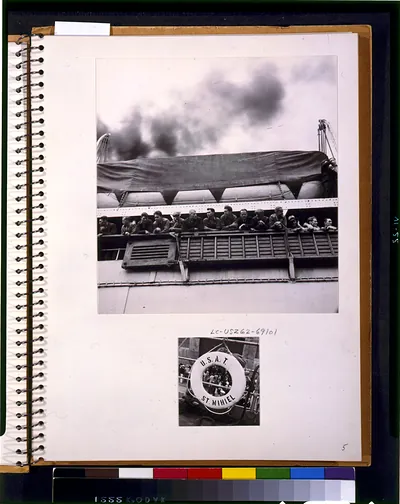 [Two scenes aboard the U.S.A.T. St. Mihiel: A group of men leaning over the railing, and a view through a life preserver framing people on the deck below]