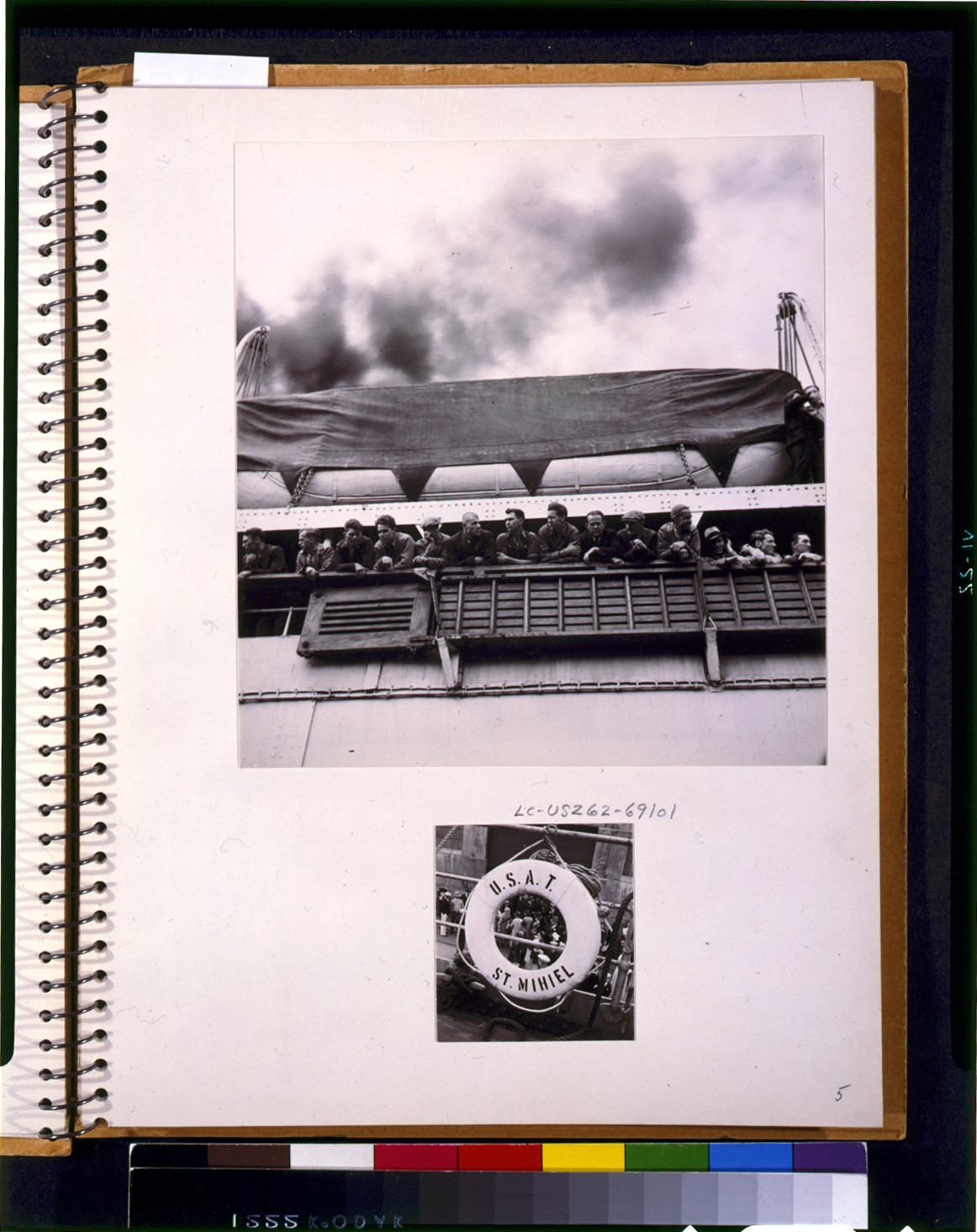 [Two scenes aboard the U.S.A.T. St. Mihiel: A group of men leaning over the railing, and a view through a life preserver framing people on the deck below], [1935 May] — historic photograph