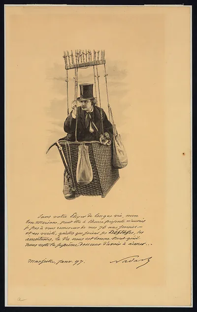 Engraved balloonist in wicker basket, with handwritten letter signed Nadar