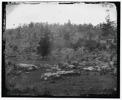 Rocky hillside landscape with boulders and scattered trees