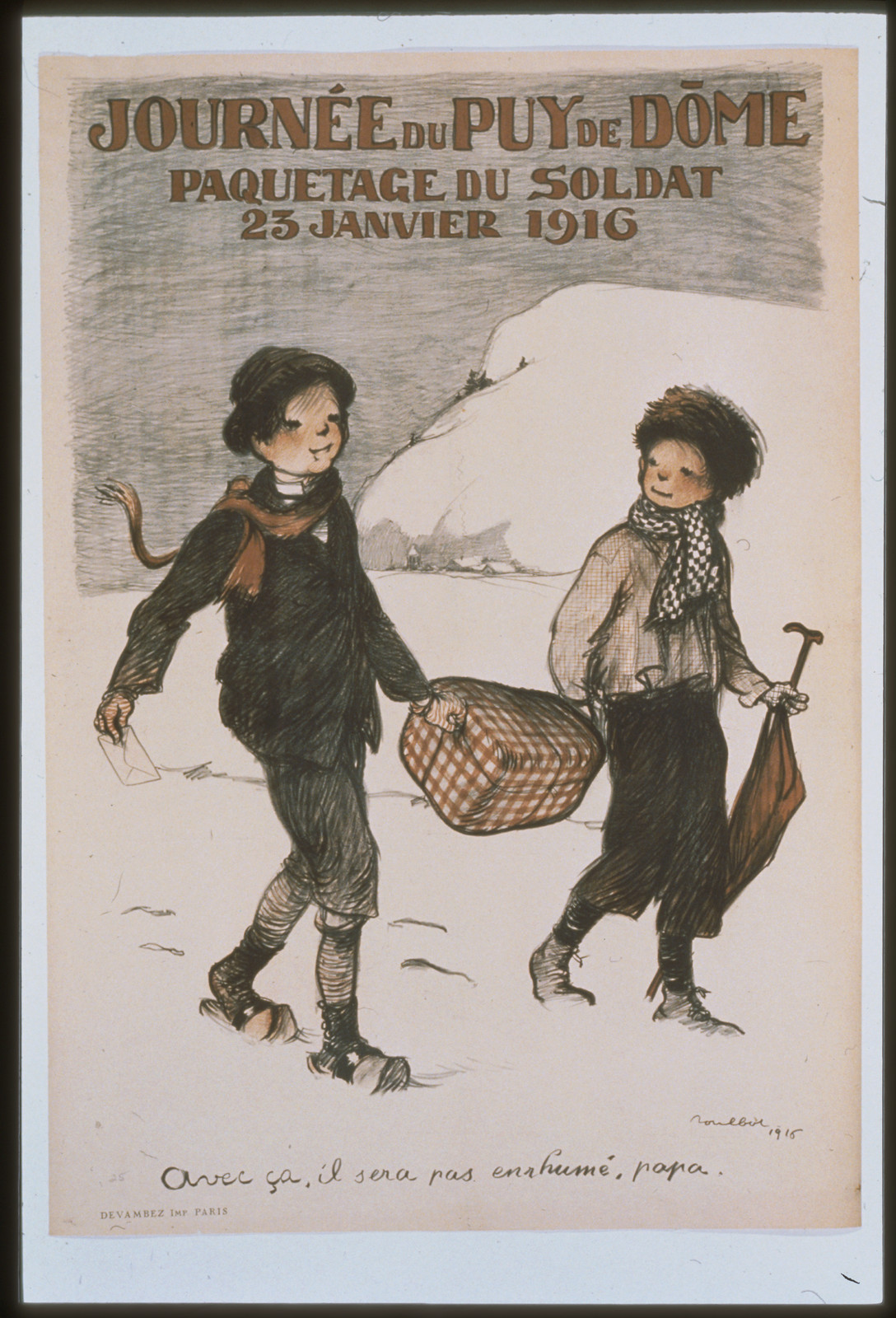 Journeacutee du Puy de Doumlme. Paquetage du soldat. 23 janvier 1916, 1916 — vintage poster
