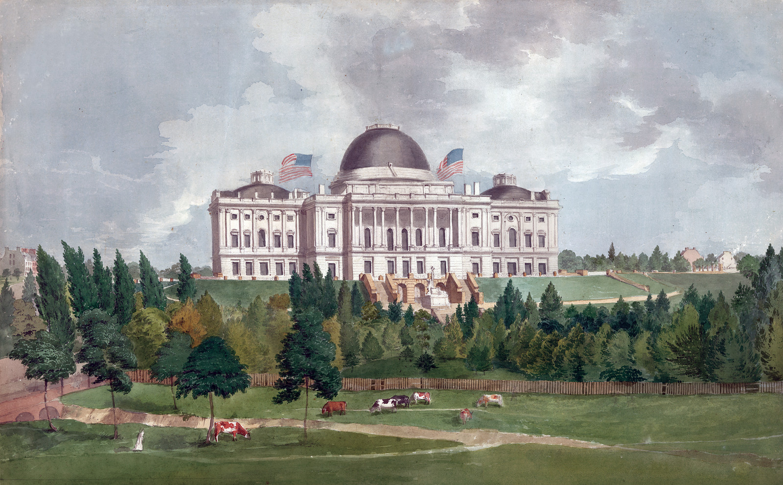 West Front of the United States Capitol with Cows in the Foreground [c. 1828], 1828 — historic drawing
