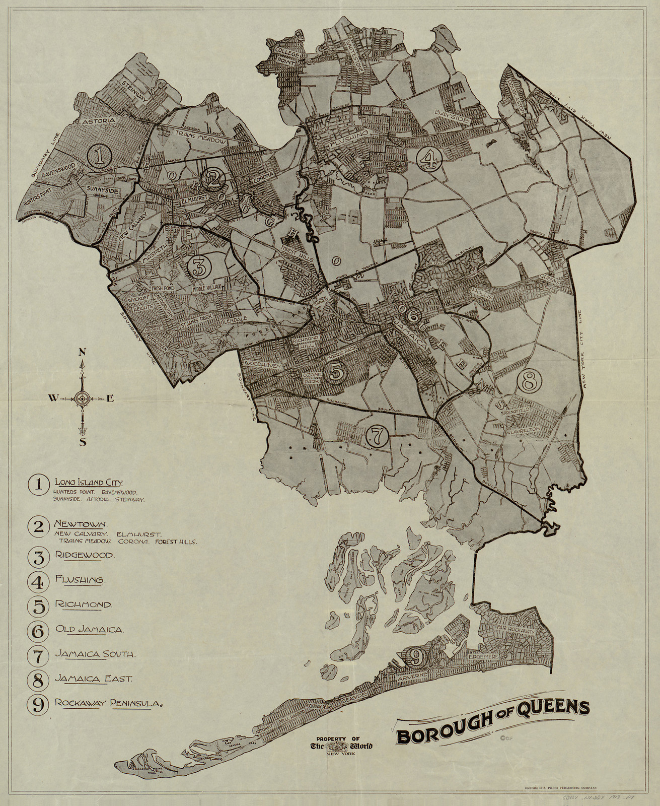 Borough of Queens map with numbered districts, 1918 — antique map