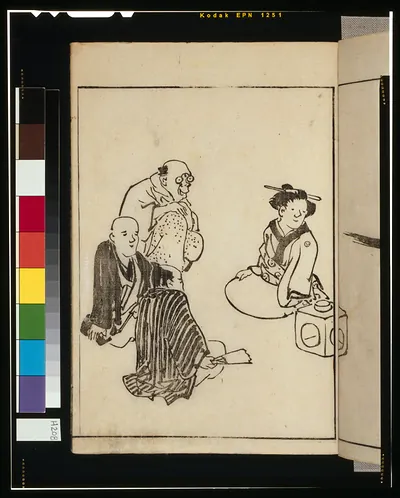Ink drawing of figures from a Japanese book page