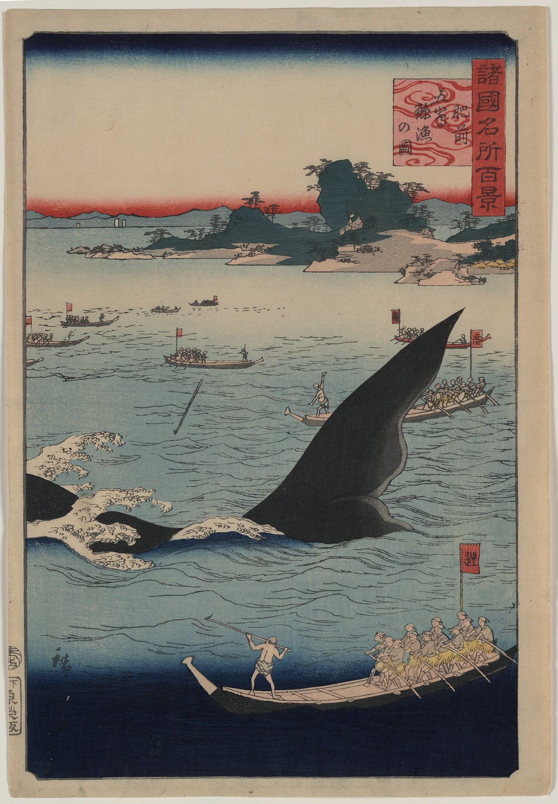 Whale hunting at the island of Goto in Hizen., 1859 — historic print