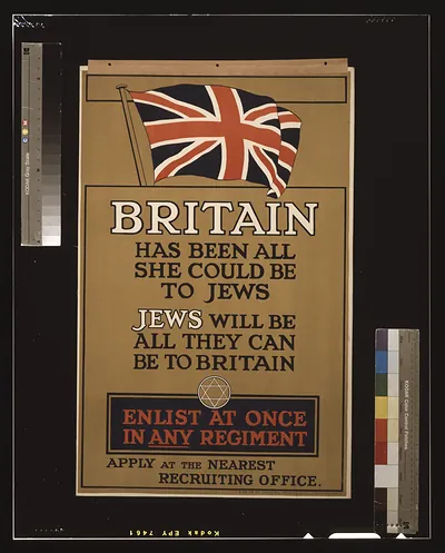 Britain has been all she could be to Jews. Jews will be all they can be to Britain. Enlist at once in any regiment. Apply at the nearest recruiting office / printed by Hill, Siffken & Co. (L.P.A. Ltd.), Grafton Works, London, N.