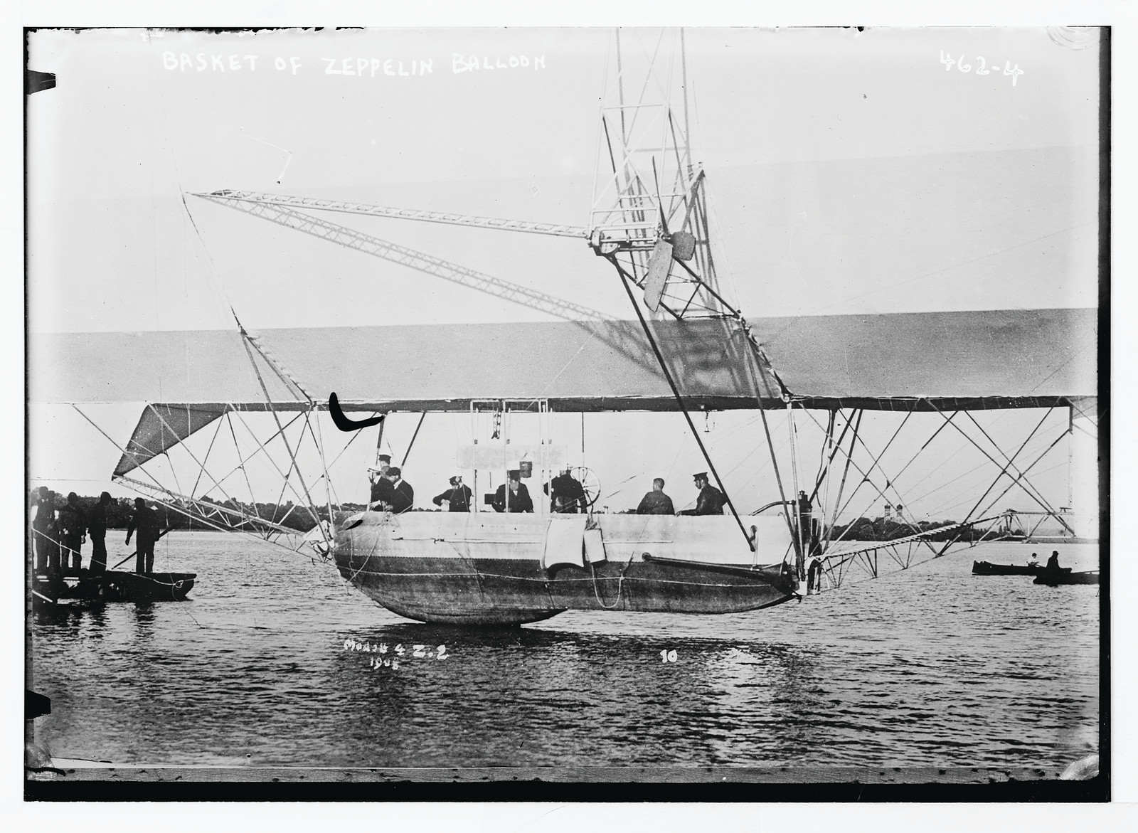 Men inside basket of Zeppelin airship, on water, Aug.4, 1908. — historic photograph
