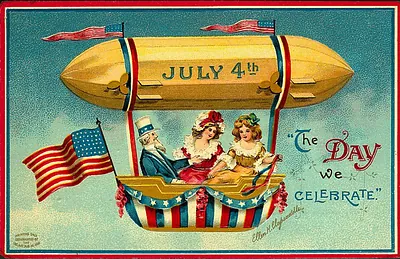 July 4th airship postcard with Uncle Sam and children