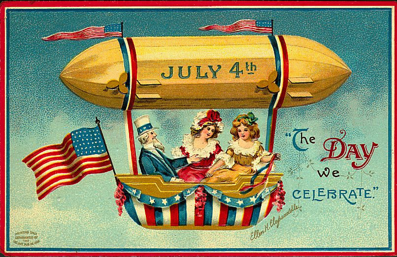 July 4th airship postcard with Uncle Sam and children — vintage postcard