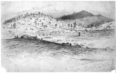 The battle of Gettysburg. View of Little Round Top and the Devil's Den, held by the Fifth Corps