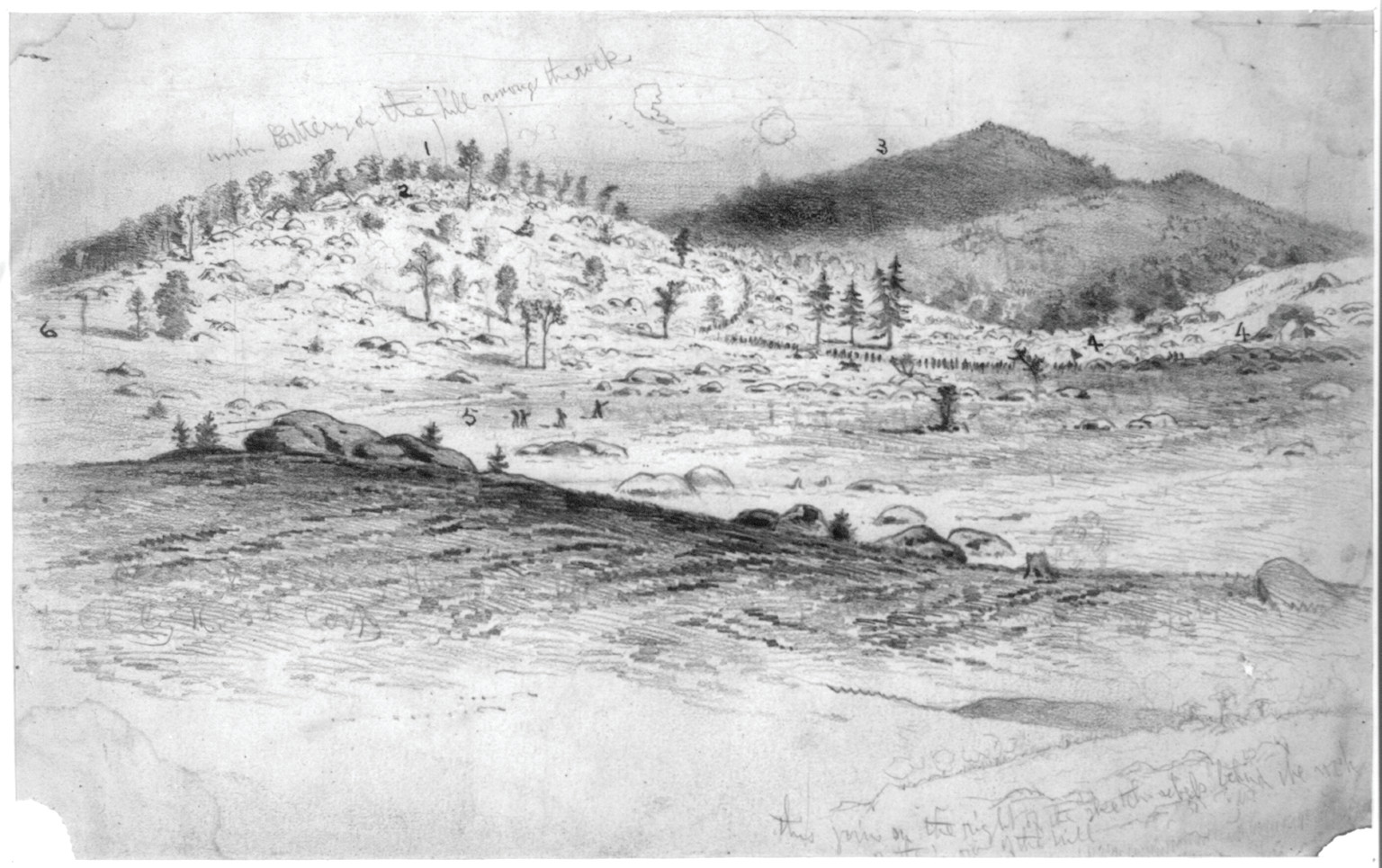The battle of Gettysburg. View of Little Round Top and the Devil's Den, held by the Fifth Corps, 1863 July 4. — historic drawing