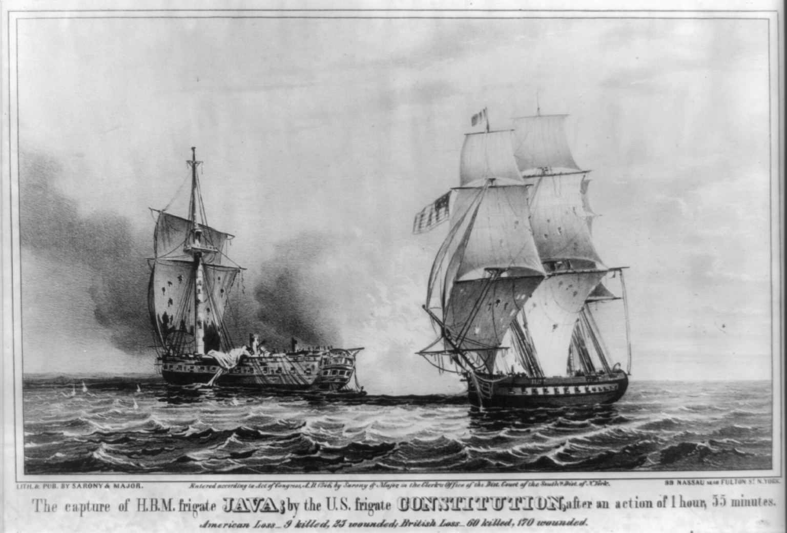 The Capture of HBM. frigate Java by the U.S. frigate Constitution after an action of 1 hour, 55 minutes, [New York] : Sarony & Major, c1846. — antique lithograph