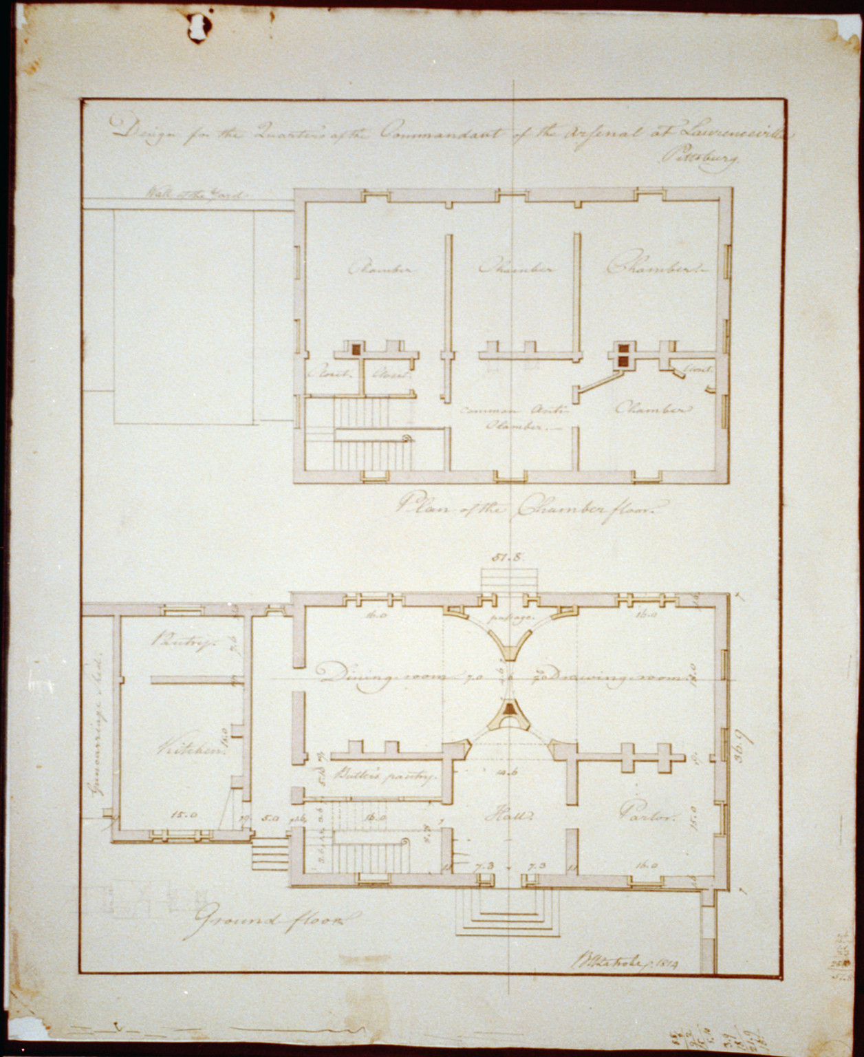 [Armory (U.S. Arsenal") Pennsylvania. Commandant Quarters - chamber and ground floor]", 1814 — historic drawing