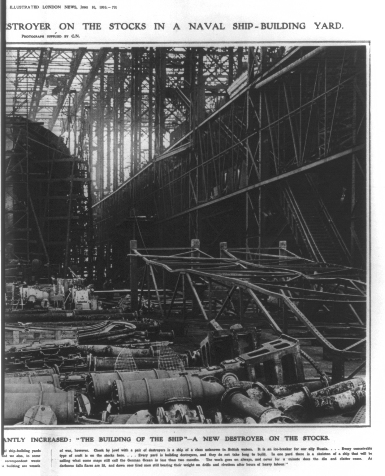 Britain's ever-growing Navy: a huge destroyer on the stocks in a naval ship-building yard, 1916 — historic print