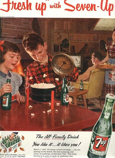 Seven-Up magazine advertisement, "The All-Family Drink", boys with popcorn