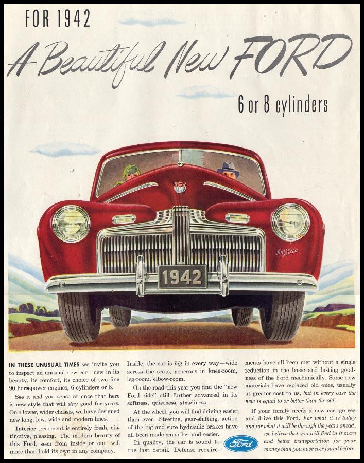 1942 Ford car advertisement with red sedan — historic image