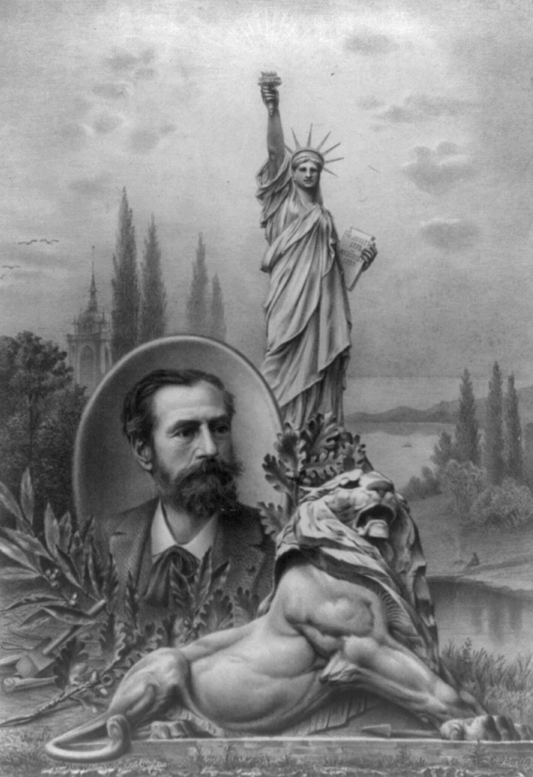 [Statue of Liberty, sculpture of lion, and inset portrait of sculptor Frédéric Auguste Bartholdi], [no date recorded on shelflist card] — historic print
