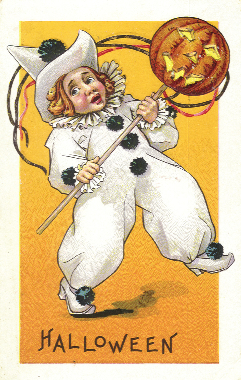 Halloween postcard of child in Pierrot costume holding jack-o'-lantern — vintage postcard