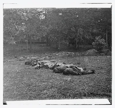 Gettysburg Pennsylvania. Confederate dead view at the edge of the Rose woods July 5