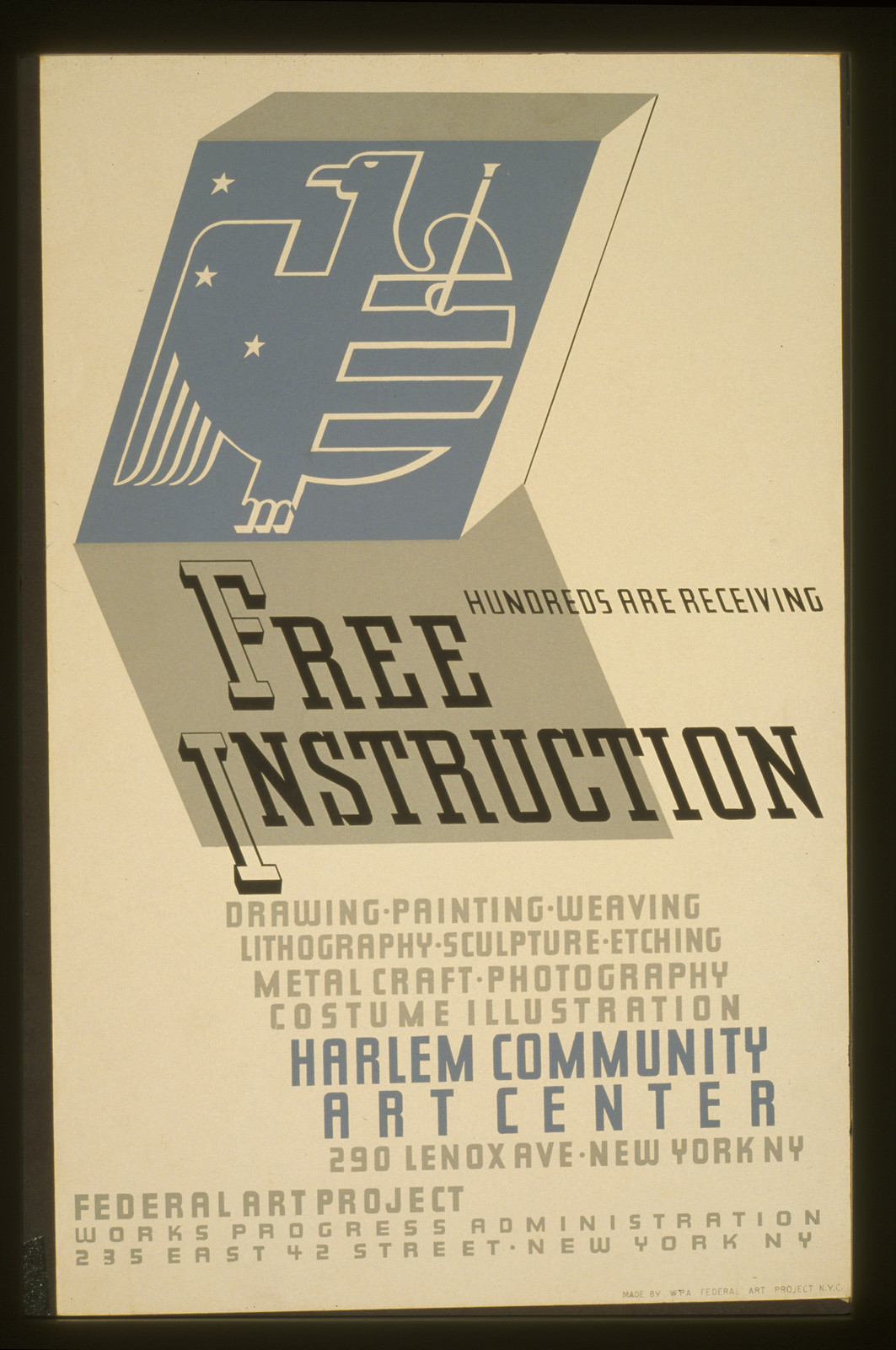 Hundreds are receiving free instruction Drawing painting weaving lithography sculptur, 1936 — vintage poster