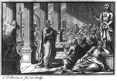 [Socrates] standing before seated group in temple portico; large crowd behind him