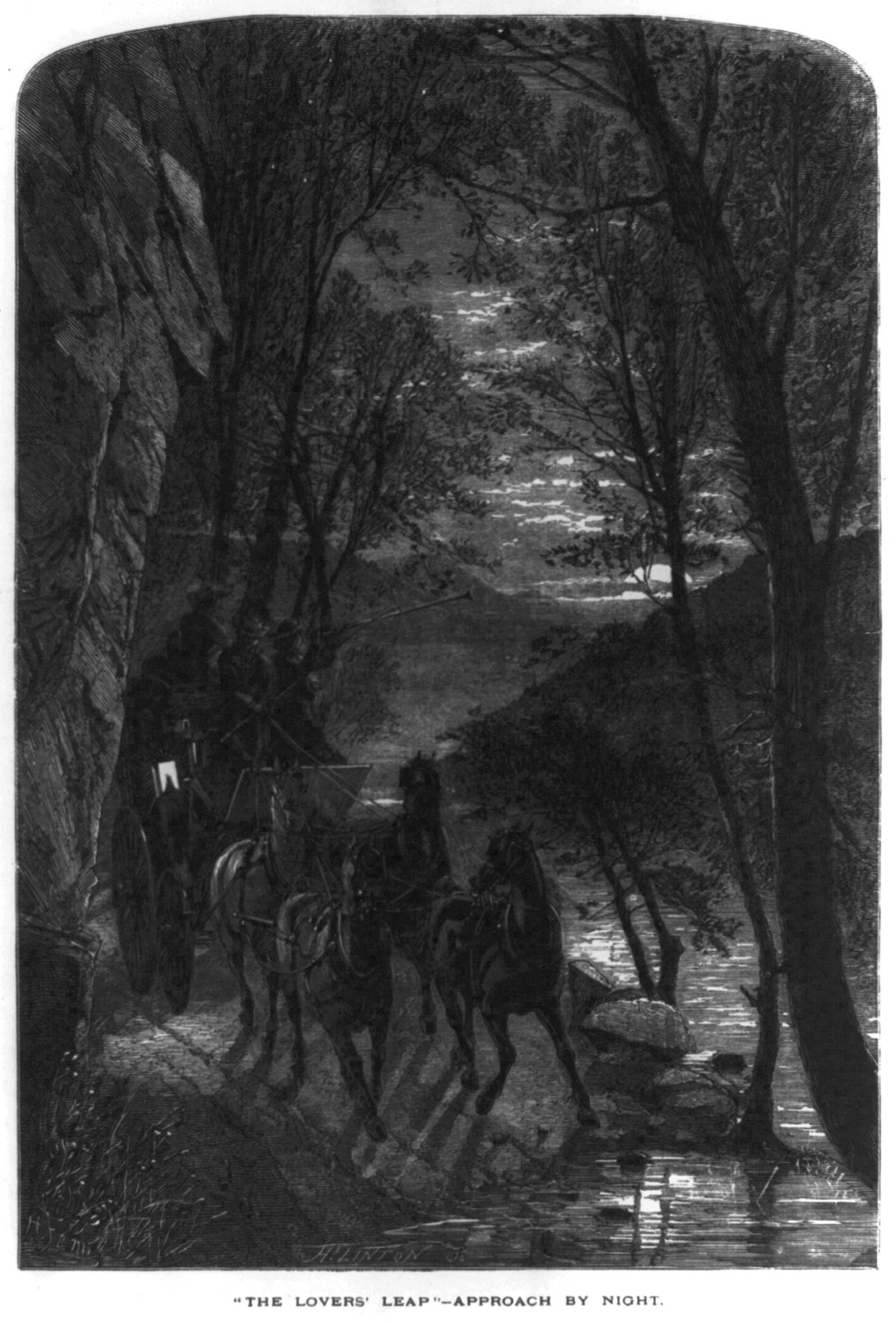 The lovers' leap" - approach by night" — antique engraving