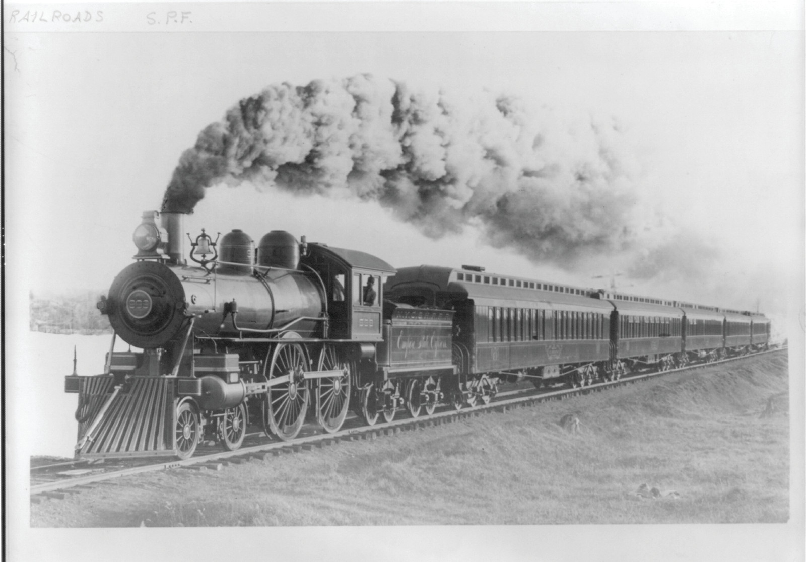 Prize locomotive 999 and the prize Wagner Palace car train, c1894. — historic photograph