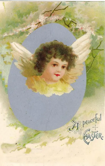 Vintage Easter greeting card with angel in blue egg