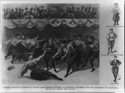College girls play basket-ball - match game between students of Stanford University and the University of California