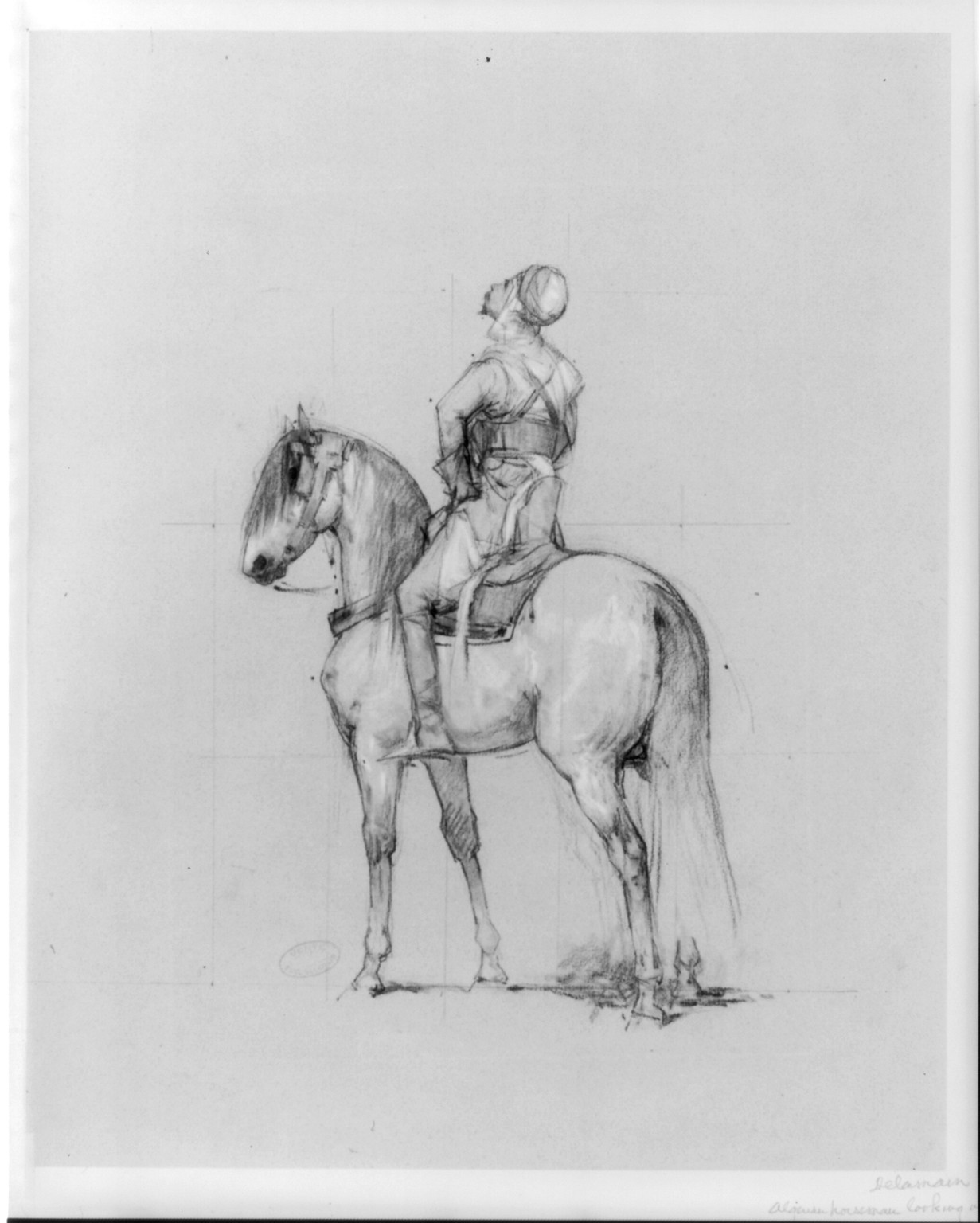 [Algerian horseman looking up], [between 1841? and 1882] — historic drawing