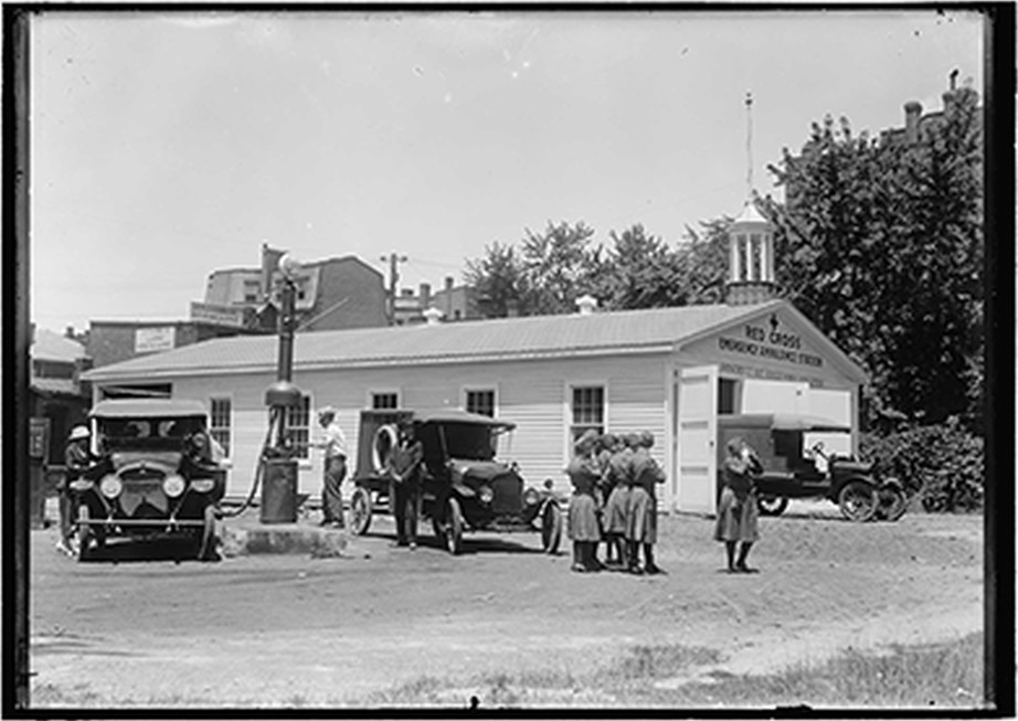 Antique Portrait - Red Cross Emergency Ambulance Station Garage, [between 1905 and 1945] — historic image