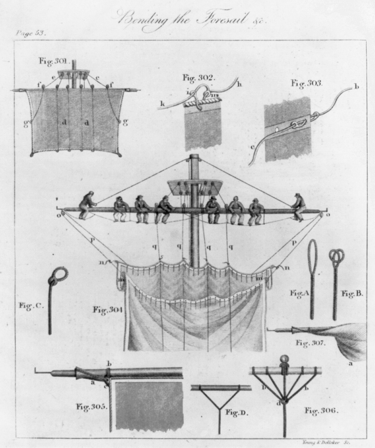 Bending the foresail &c., 1843 — antique engraving