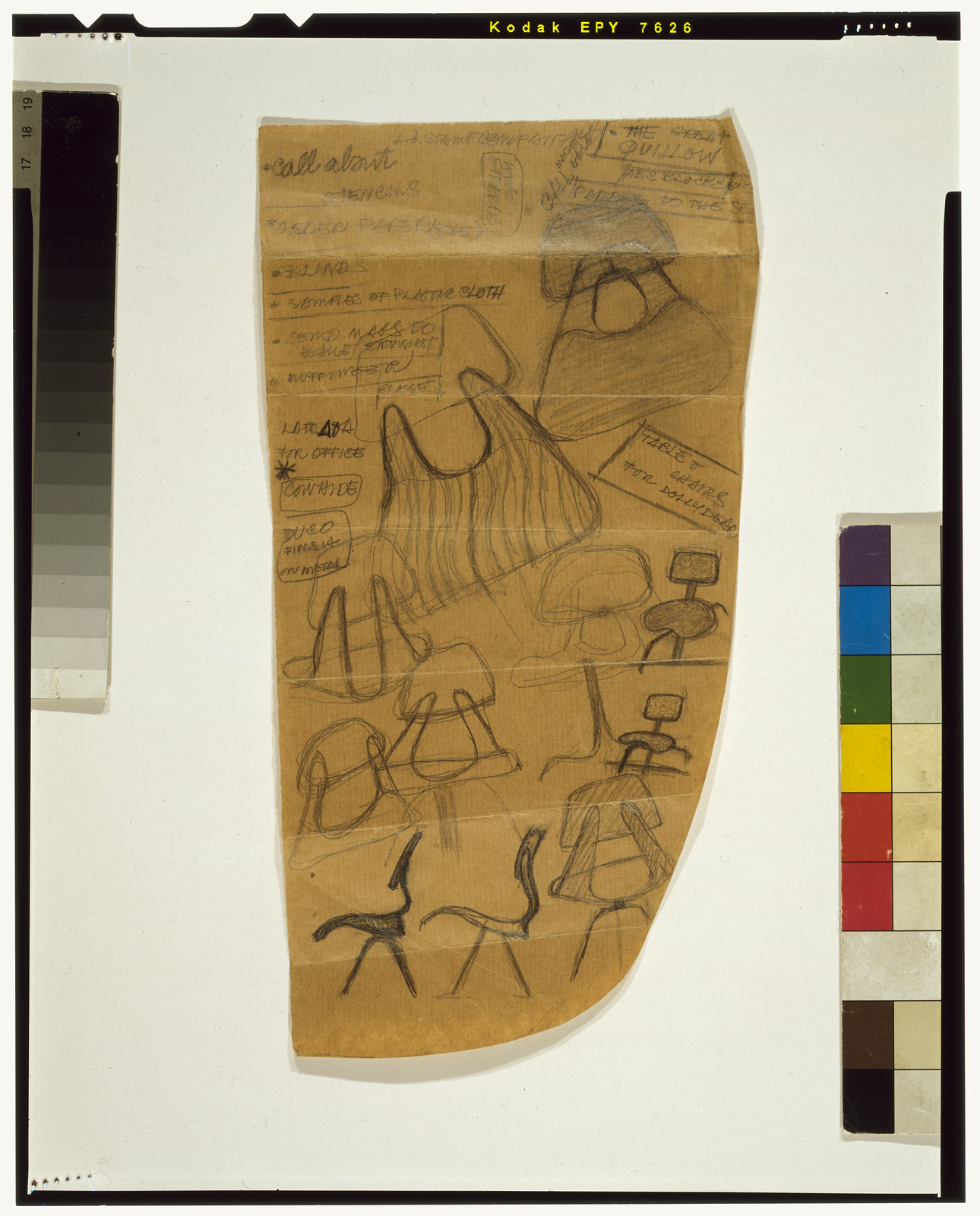 [Design study for lounge chair, with sketches of various chairs], [ca. 1948] — historic drawing