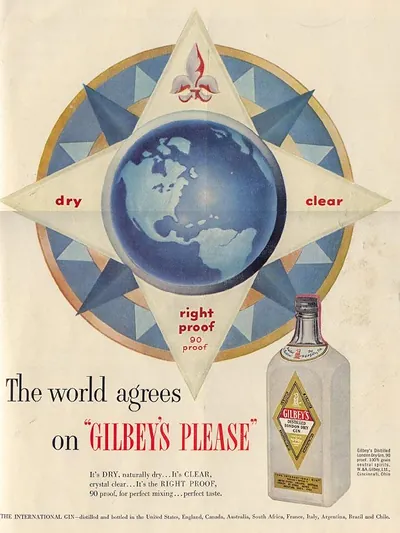 Gilbey's Gin advertisement with globe and compass star