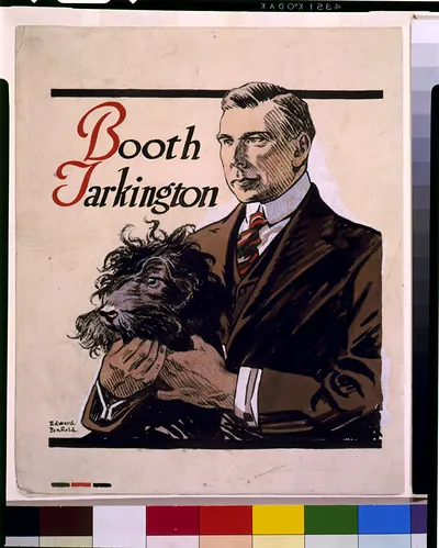 Booth Tarkington poster showing a man holding a dog