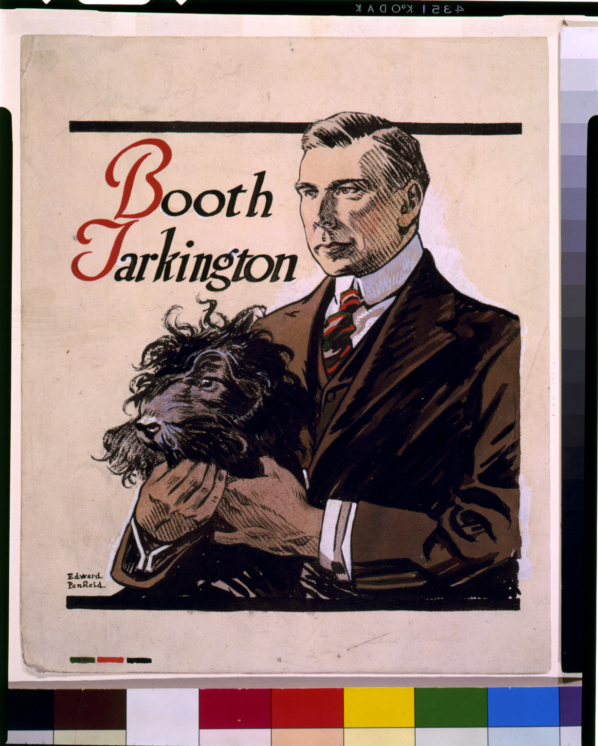 Booth Tarkington poster showing a man holding a dog — vintage poster