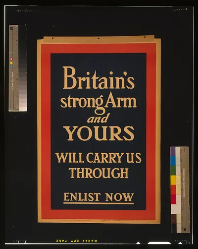 Britain's strong arm, and yours, will carry us through. Enlist now / Printed by The Clerkenwell Press, Ltd., 76 & 78 Clerkenwell Rd., London, E.C.