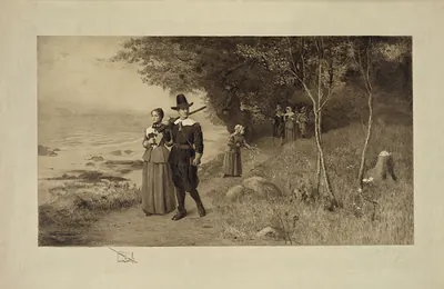 Etching of Pilgrim-costumed figures on a coastal path