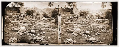 Gettysburg Pennsylvania. Dead Confederate sharpshooter in Devils Den