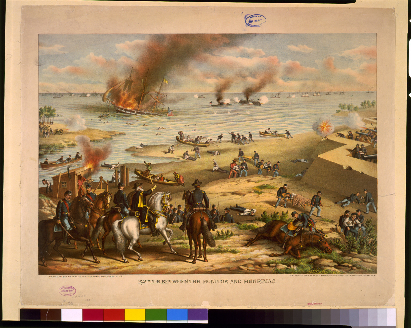 Battle between the Monitor and Merrimac--fought March 9th 1862 at Hampton Roads, near Norfolk, Va., c1889. — antique lithograph