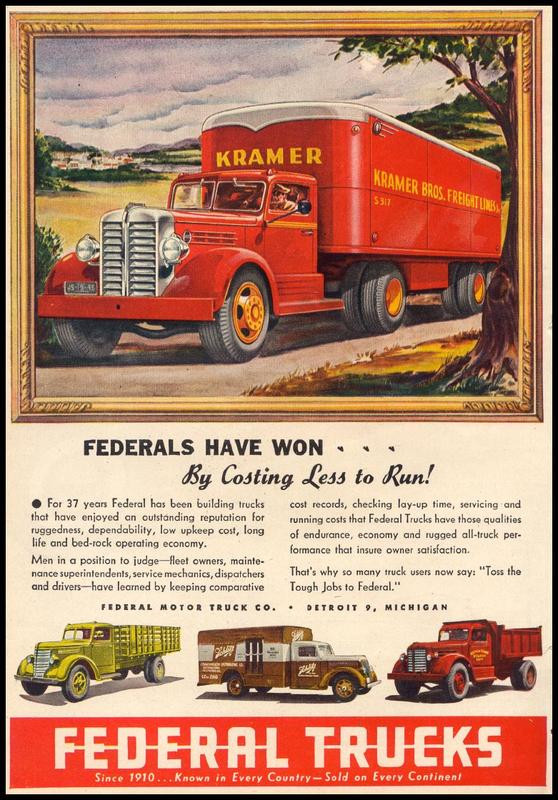 Federal Trucks advertisement showing red Kramer Bros. freight truck — historic image