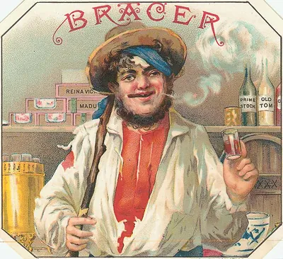 Bracer cigar label: smiling man with drink and bottles