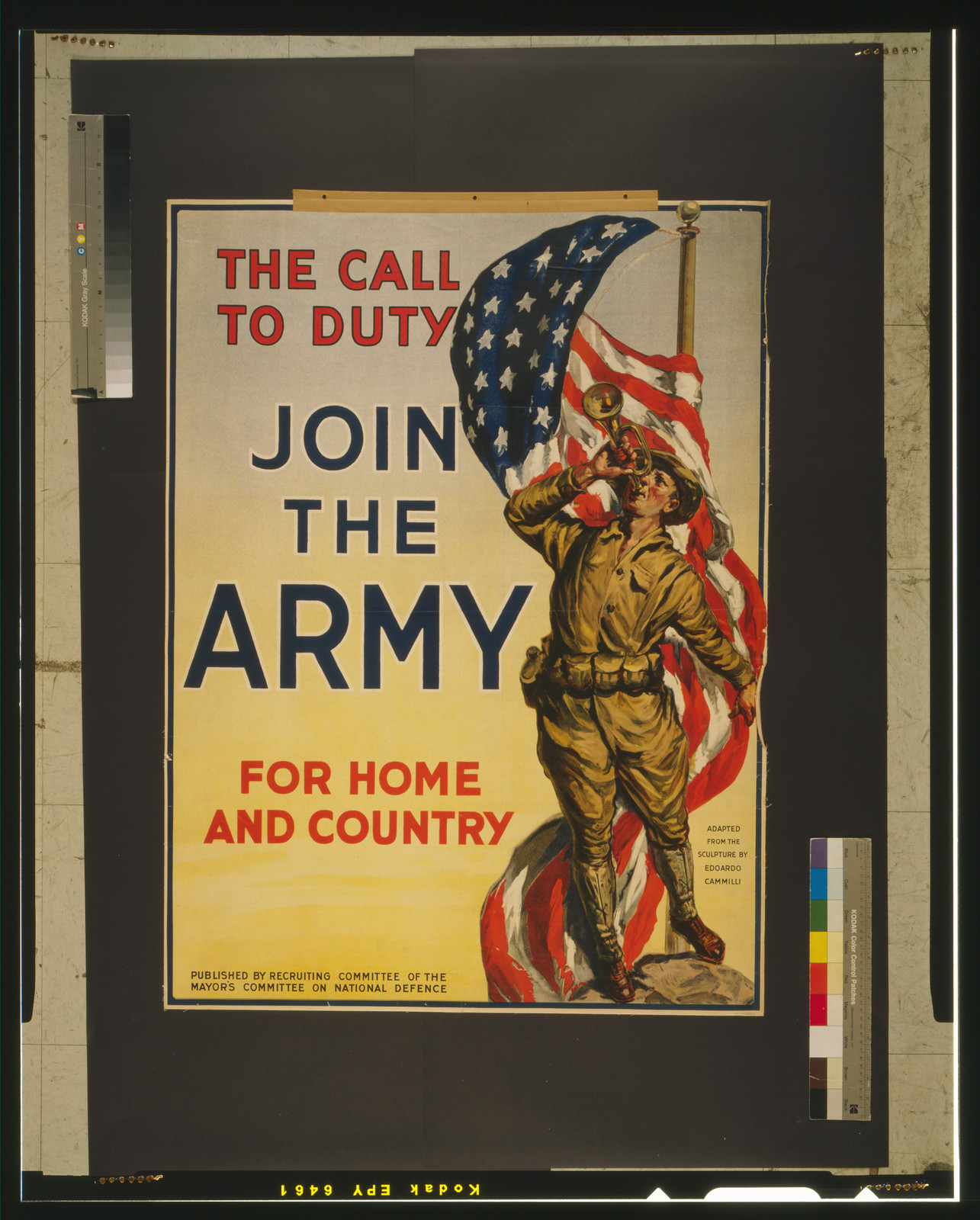 The call to duty Join the Army for home and country., [New York] : Published by Recruiting Committee of the Mayor's Committee on National Defence, [1917?] (N.Y. : American Lithographic Co.) — vintage poster