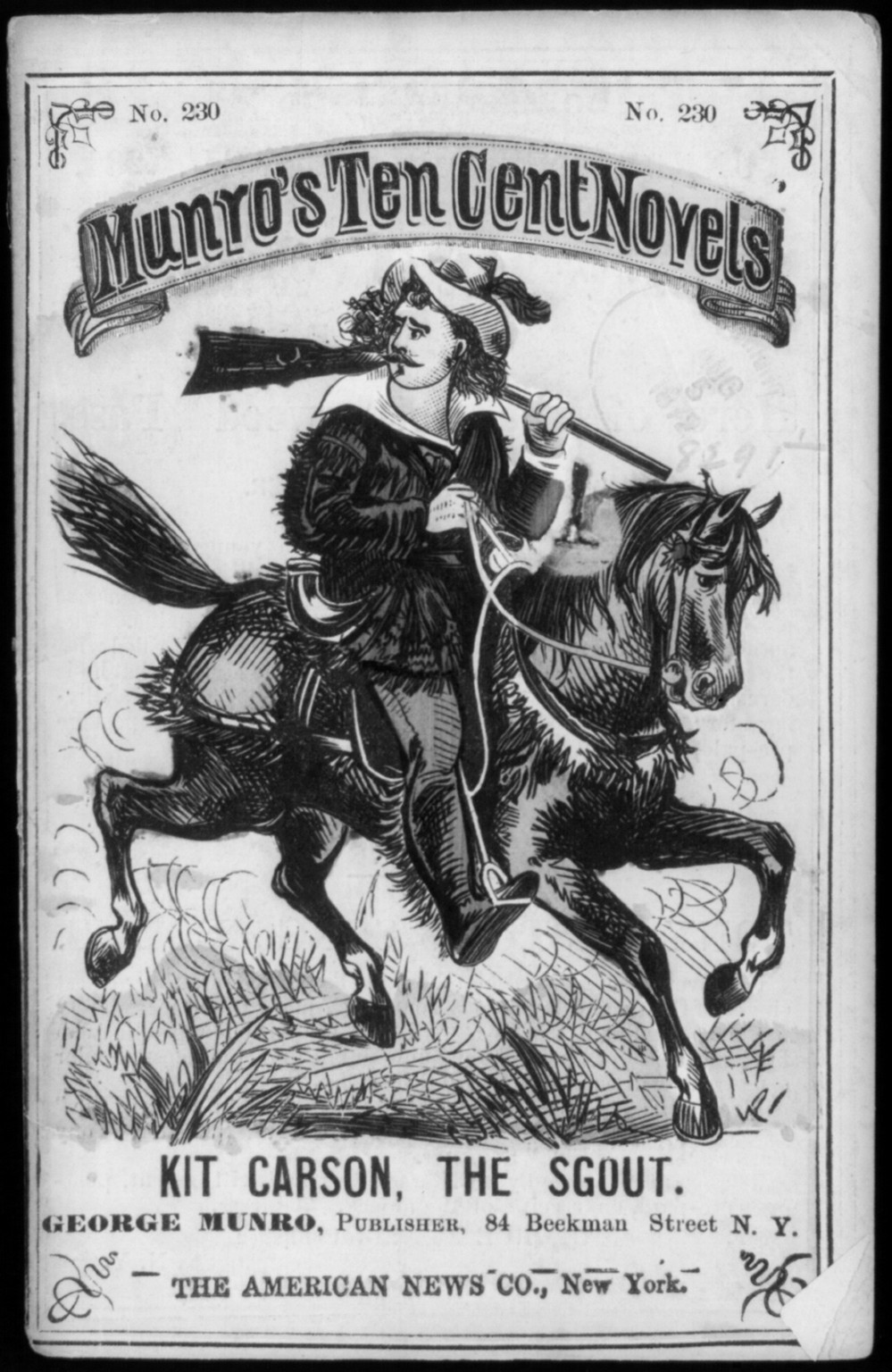 Illus. covers of Munro's Ten Cent Novels, 185-: Kit Carson, the Scout [on horse], [185-] — antique engraving
